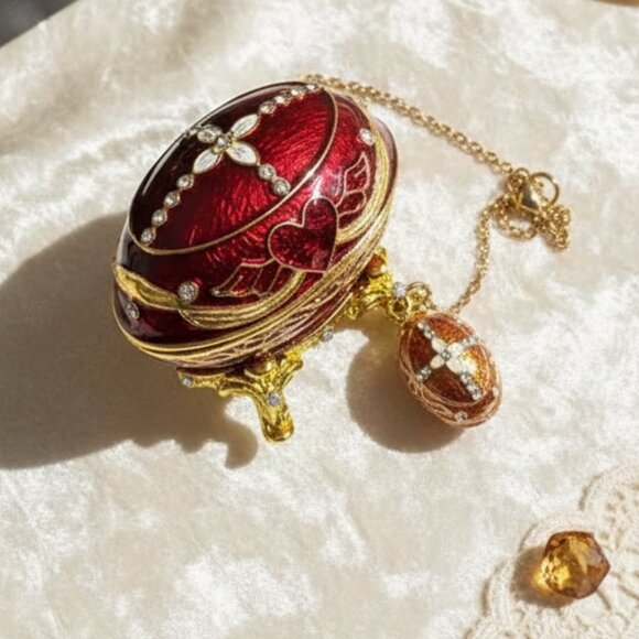 Stauer Necklace, Matching Red & Gold Heart Design Collectible Egg stand EUC gift - Picture 1 of 9